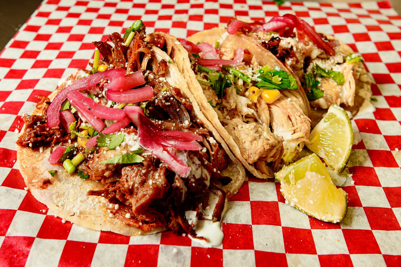 Big Bad Taco Truck tacos with cilantro and pickled onions